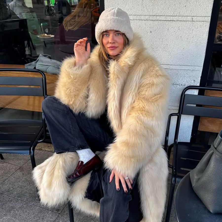 Luxurious Cream Faux Fur Coat with Burgundy Loafers — Cold Weather Outfits