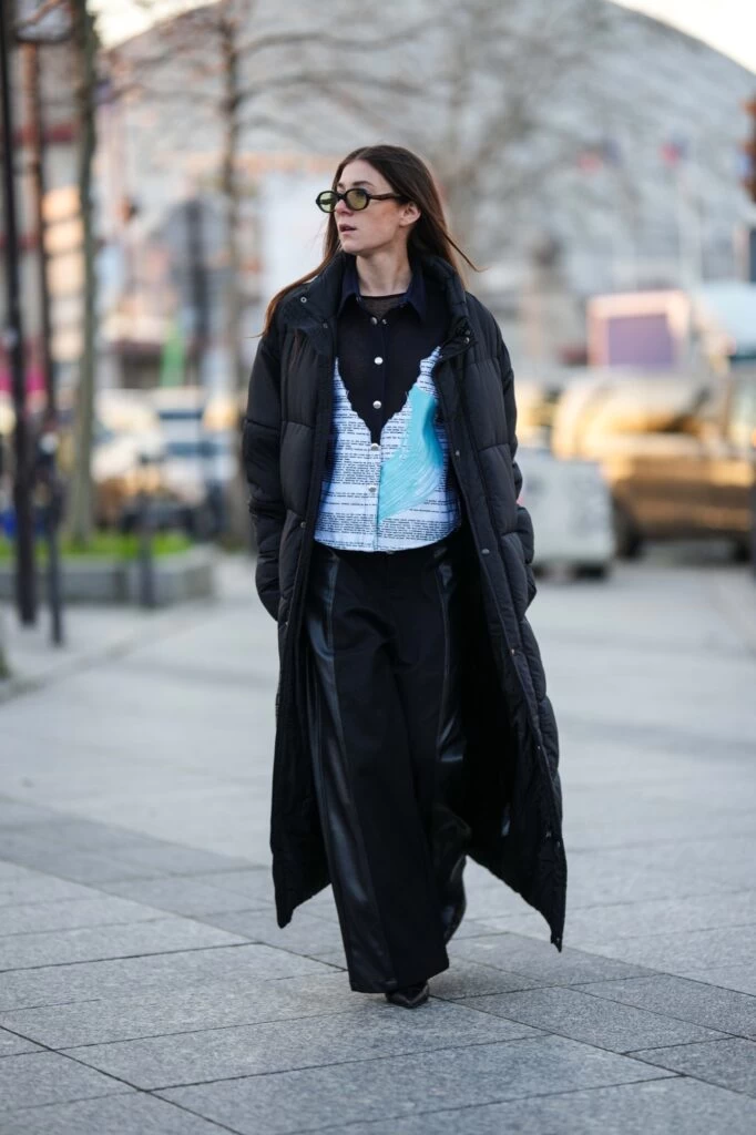 Quilted Long Black Puffer Coat With Patterned Vest — Long Puffer Coat Outfits
