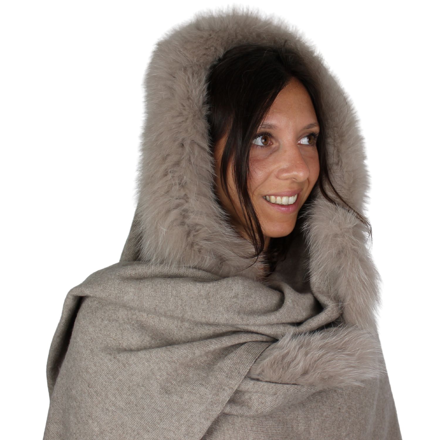 Taupe Hooded Wrap with Fur Trim — Fur Hat Outfits