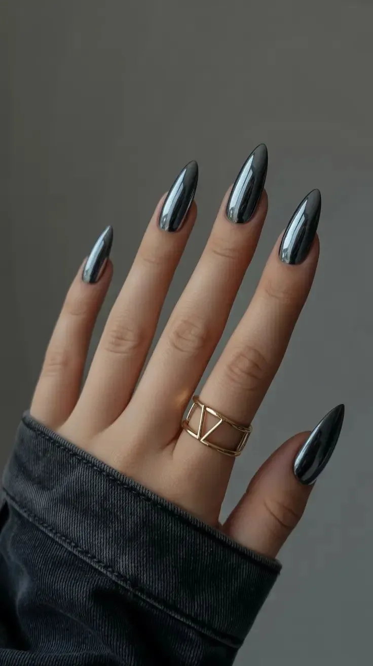Dark Grey Chrome Stiletto Nails Dark Grey Chrome Stiletto Nails β Winter Chrome Nails