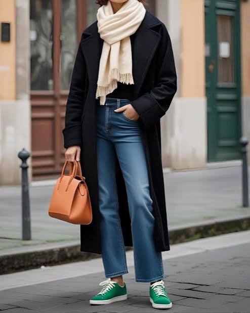 Black Wool Coat with Jeans, Scarf, and Green Sneakers Black Wool Coat with Jeans, Scarf, and Green Sneakers β Black Coat Outfits