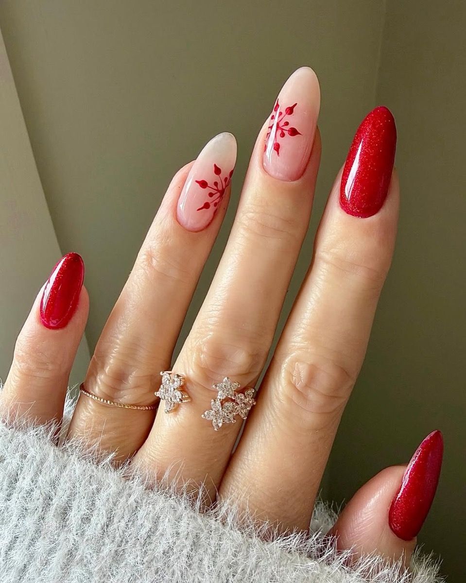 Glossy Red and Glitter with Snowflake Accents Glossy Red and Glitter with Snowflake Accents β Christmas Almond Nails 2026