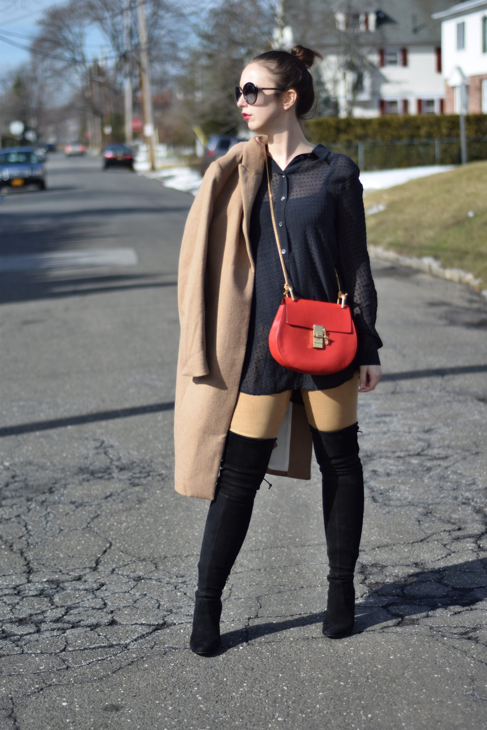 Draped Camel Coat With Tan Shorts and Over-the-Knee Boots — Camel Coat Outfits