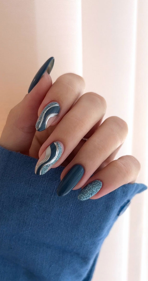 Long Stiletto Teal Wavy Lines Long Stiletto Teal Wavy Lines β Winter Nail Art Simple
