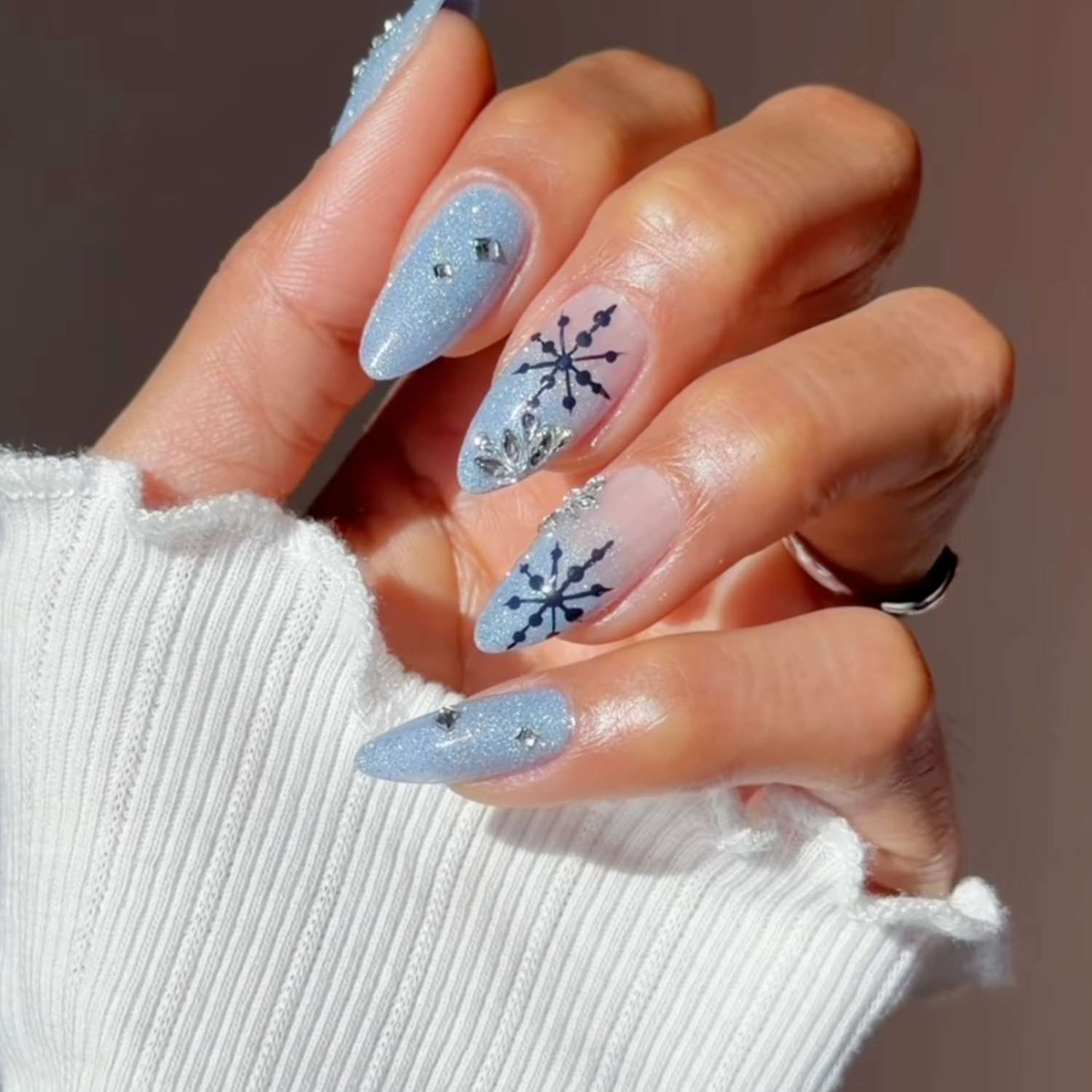 Light Blue Glitter with Large Snowflake Decals — Winter Glitter Nails