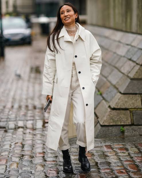 Oversized White Trench Coat Over Button-Up and Pants — Winter White Outfits