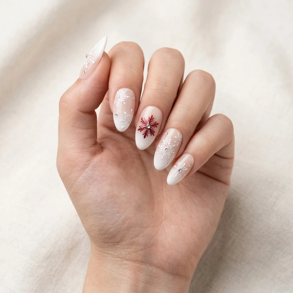 Sheer Nude Red Snowflake Rhinestones Sheer Nude Red Snowflake Rhinestones β Winter Rhinestone Nails