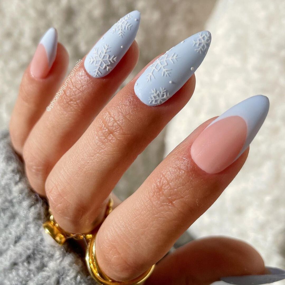 Matte Pale Blue Snowflake French Matte Pale Blue Snowflake French β Cute Christmas Nails 2026