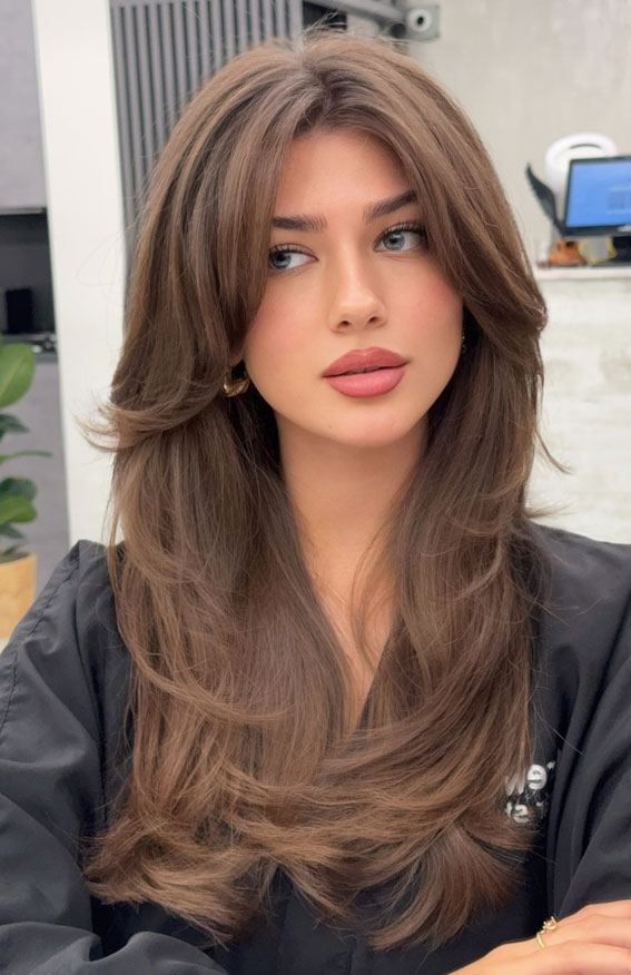 Soft Mocha Long Layers With Curtain Bangs Soft Mocha Long Layers With Curtain Bangs β Long Winter Haircuts