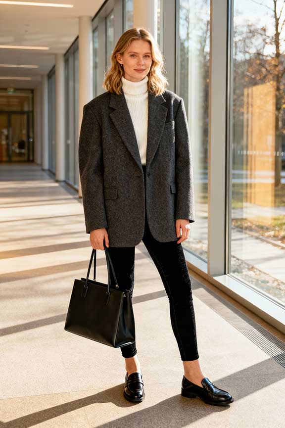Effortless Casual: Black Leggings with an Oversized Blazer and Loafers Effortless Casual: Black Leggings with an Oversized Blazer and Loafers β Winter Outfits with Leggings