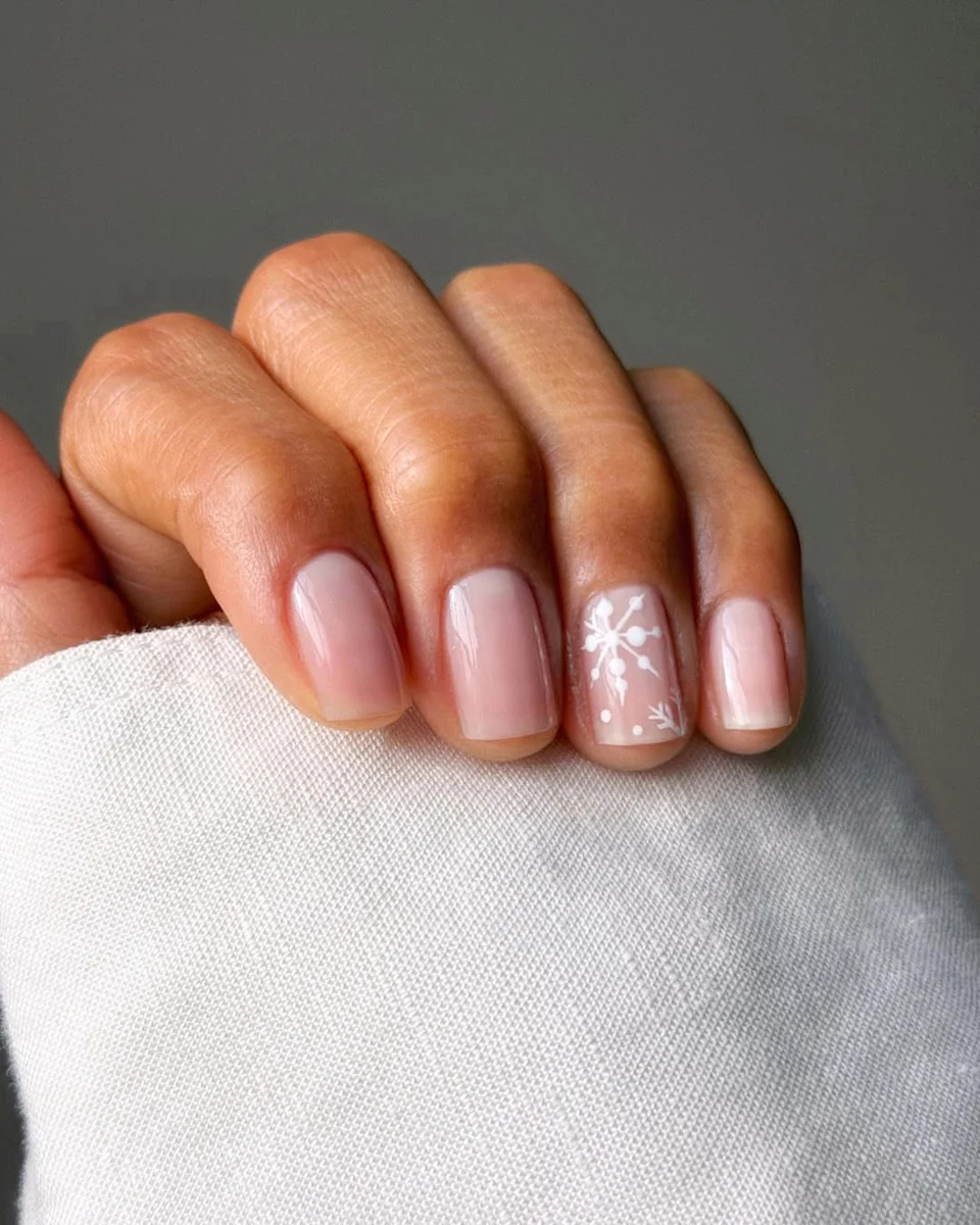 Sheer Nude with Delicate Snowflake Art — New Years Gel Nails 2027