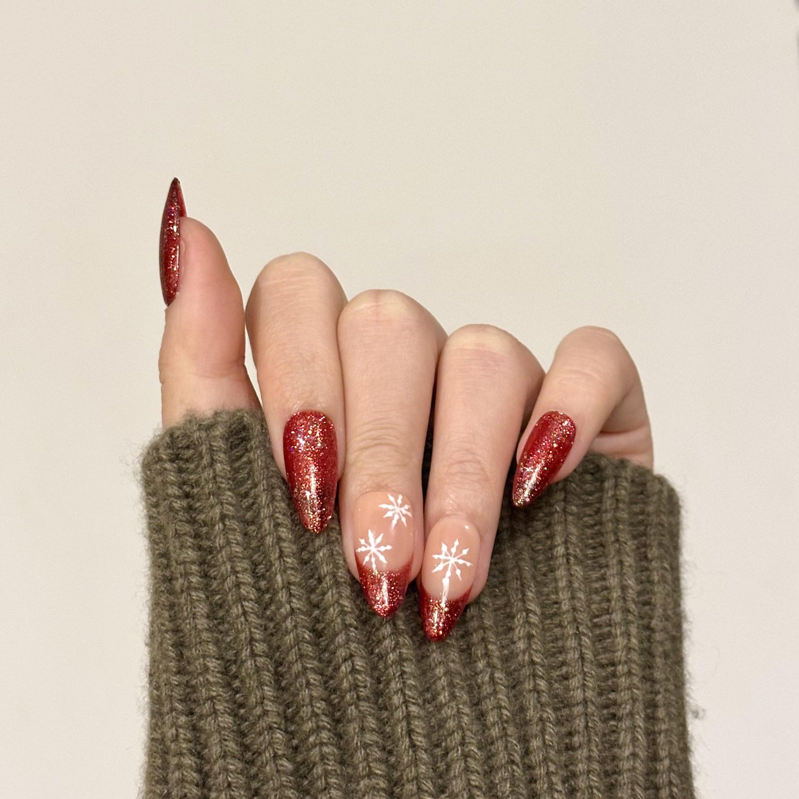 Red Glitter And Snowflake Winter Nails Red Glitter And Snowflake Winter Nails β Medium Winter Almond Nails