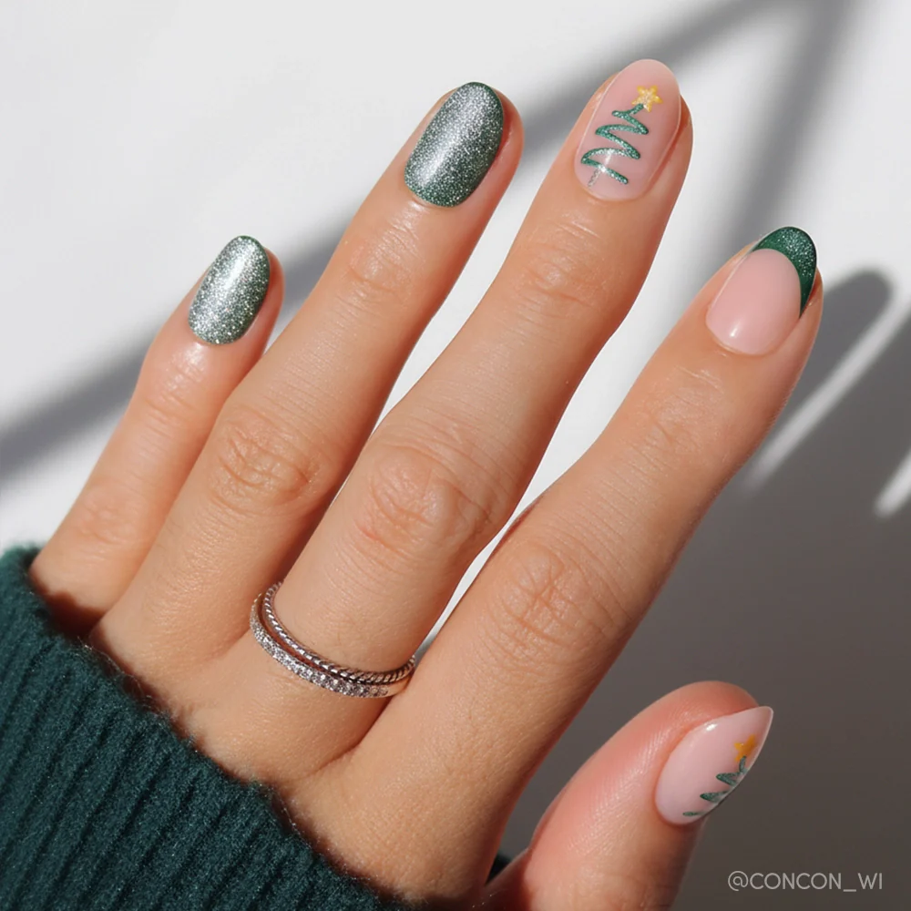 Sheer Pink with Festive Green Accents — Cute Winter Nails