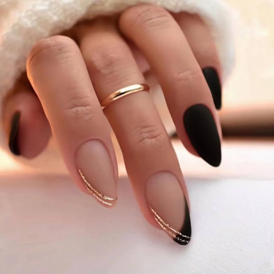 Matte Black Gold Foil French Almonds Matte Black Gold Foil French Almonds β Winter Almond Nails
