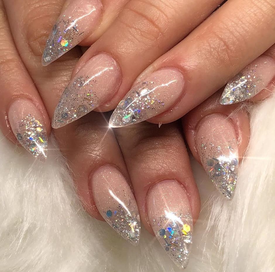 Holographic Glitter Gradient Stiletto Nails Holographic Glitter Gradient Stiletto Nails β Christmas Stiletto Nails 2026