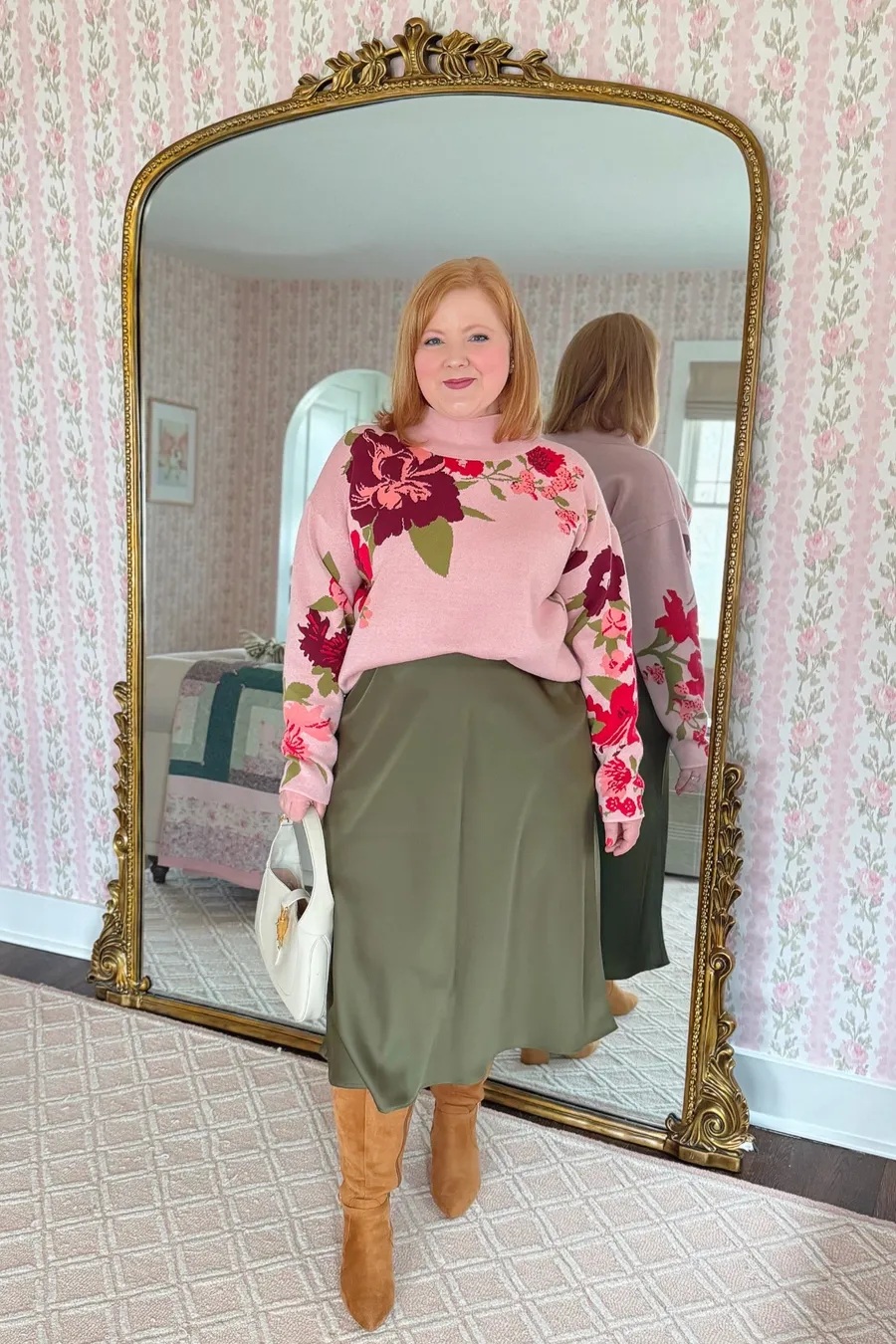 Floral Print Sweater and Olive Satin Skirt for a Feminine Winter Look Floral Print Sweater and Olive Satin Skirt for a Feminine Winter Look β Nashville Winter Outfits