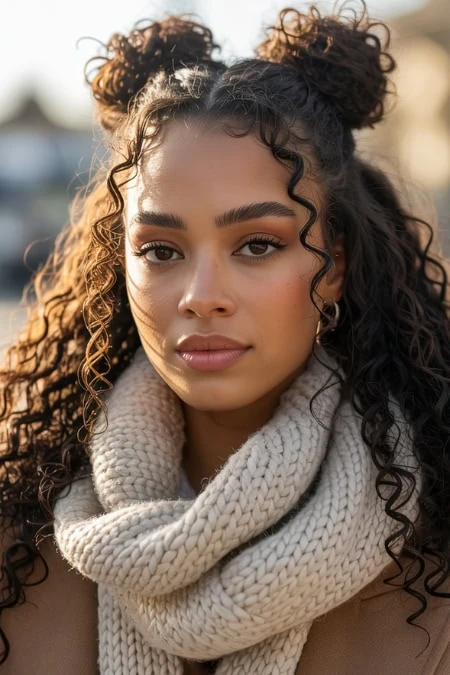 Space Buns with Curtain Bangs and Scarf Space Buns with Curtain Bangs and Scarf β Winter Hairstyles with Scarf