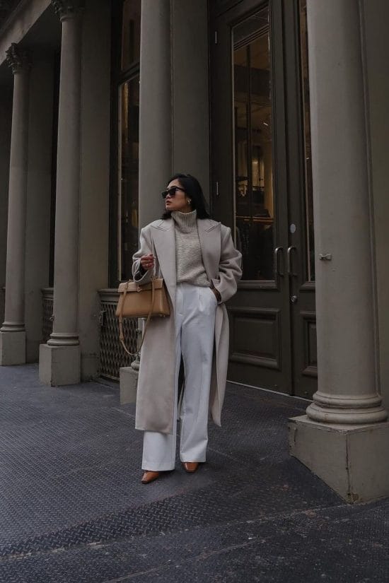 Chic Beige Ensemble with Wide-Leg Trousers — NYC Winter Outfits