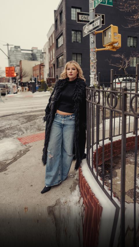 Faux Fur Coat Over Turtleneck with Wide-Leg Jeans — Chicago Winter Outfits