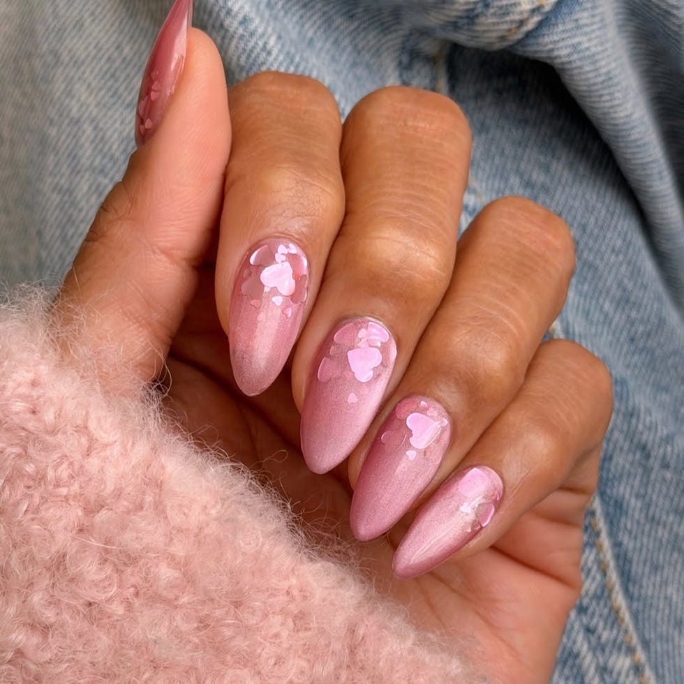 Light Pink Shimmer with Heart Confetti — Winter Date Night Nails