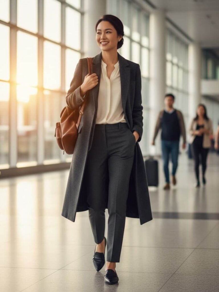 Long Grey Wool Coat with Trousers and Loafers for Sophisticated Airport Travel Long Grey Wool Coat with Trousers and Loafers for Sophisticated Airport Travel β Winter Airport Outfits