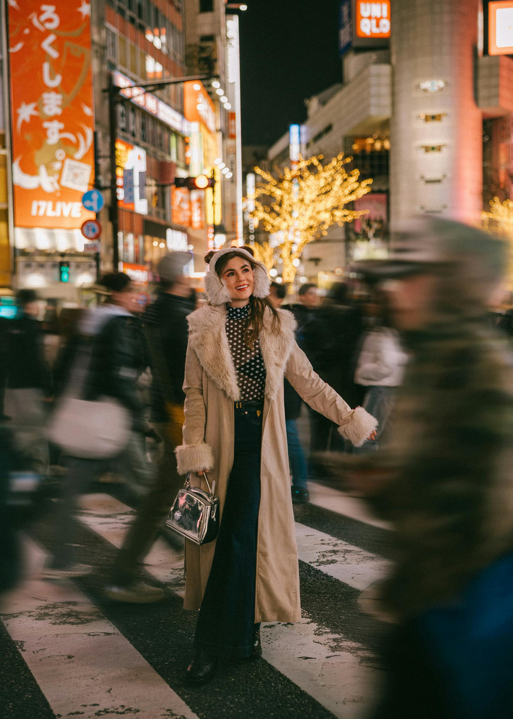 Faux Fur Trimmed Coat with Polka Dot Top — Cold Weather Outfits