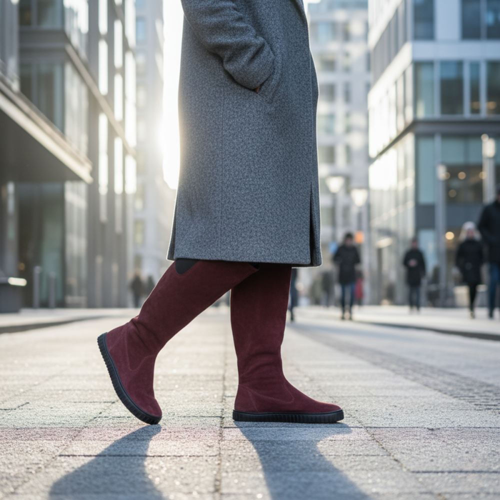 Classic Combination: Grey Coat with Burgundy Boots — Late Winter Outfits