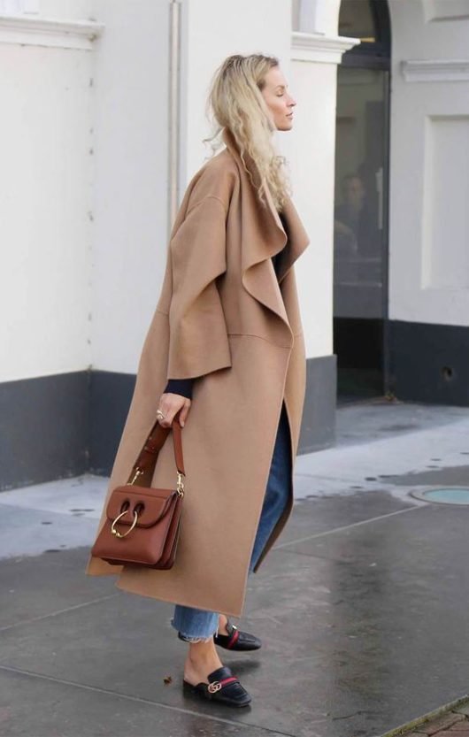 Oversized Camel Coat with Jeans for a Sophisticated Casual Look — Winter Outfits for Moms