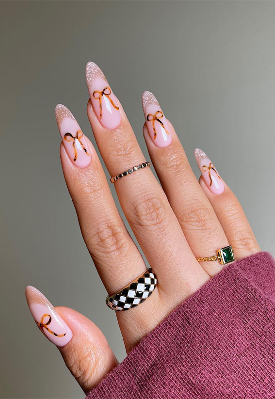 Pink Base Tortoiseshell Bow Glitter Tips Pink Base Tortoiseshell Bow Glitter Tips β Winter Bow Nails