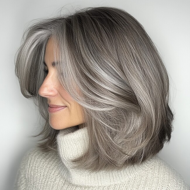 Chin-Length Bob With Silver and Dark Gray Chin-Length Bob With Silver and Dark Gray β Gray Blending Highlights