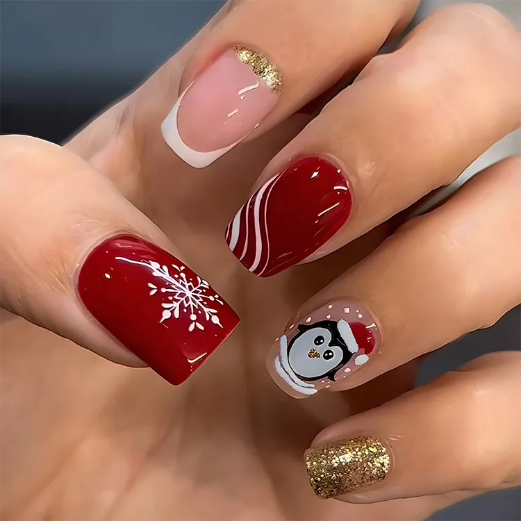 Whimsical Penguin Character Art — Short Christmas Nails 2026