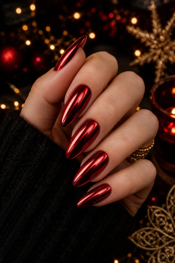 Striking Metallic Red Chrome Stilettos Striking Metallic Red Chrome Stilettos β Red and Gold Christmas Nails 2026