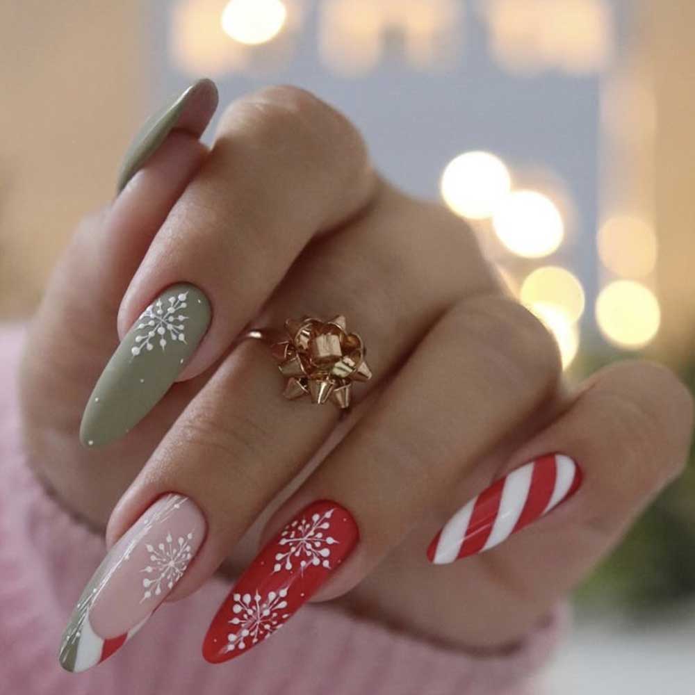 Stiletto Nails with Sage, Red, and Snowflakes Stiletto Nails with Sage, Red, and Snowflakes β Snowflake Nails