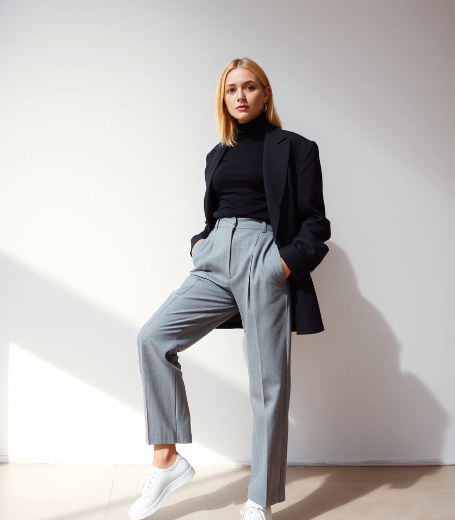 Black Blazer and Turtleneck with Grey Trousers Black Blazer and Turtleneck with Grey Trousers β Winter Business Casual Outfits