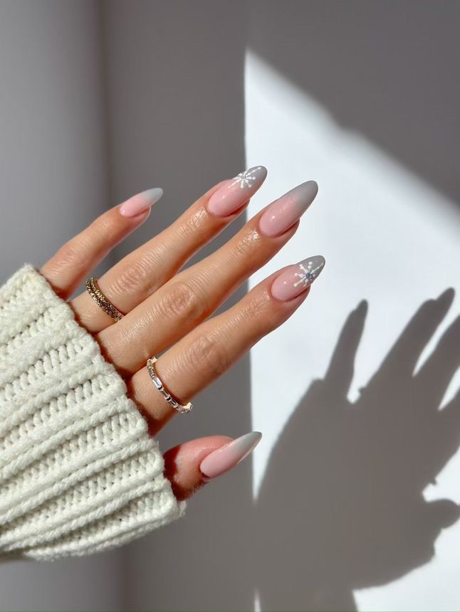 Pink to Grey Gradient Snowflake Nails Pink to Grey Gradient Snowflake Nails β Medium Christmas Nails 2026