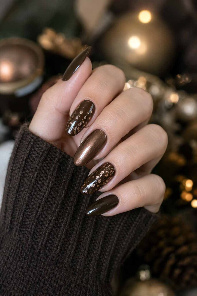 Dark Chocolate with Bronze Metallic Accent — Chocolate Brown Nails