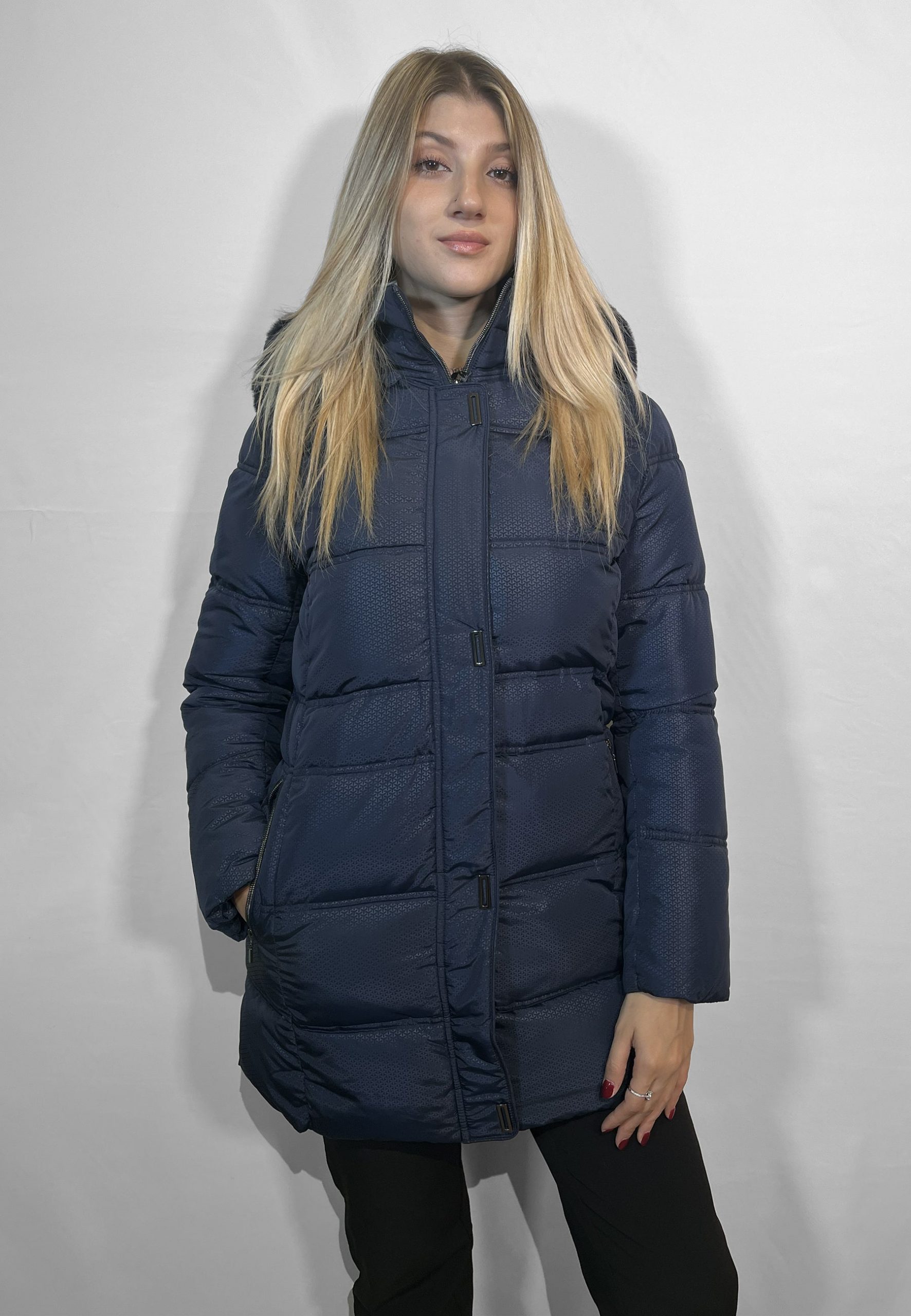 Textured Navy Blue Puffer Coat With Relaxed Fit — Long Puffer Coat Outfits