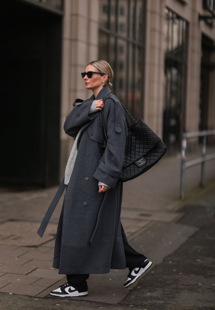 Oversized Wool Trench Paired with Wide-Leg Pants and Black Sneakers — Winter Outfits with Sneakers