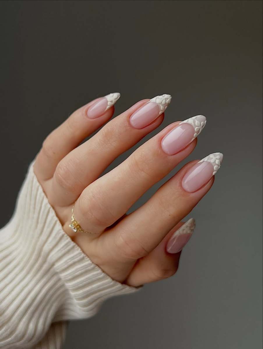 Textured 3D French Tips Almond Nails — Winter Wedding Guest Nails