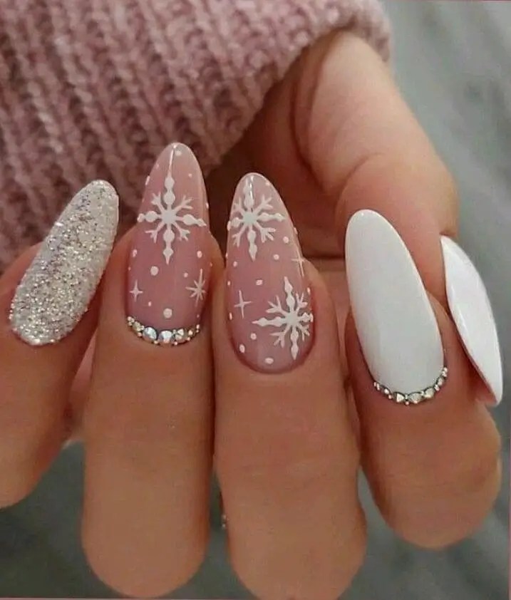 Long Almond Snowflake & Rhinestone Nails — Christmas Nail Designs 2026