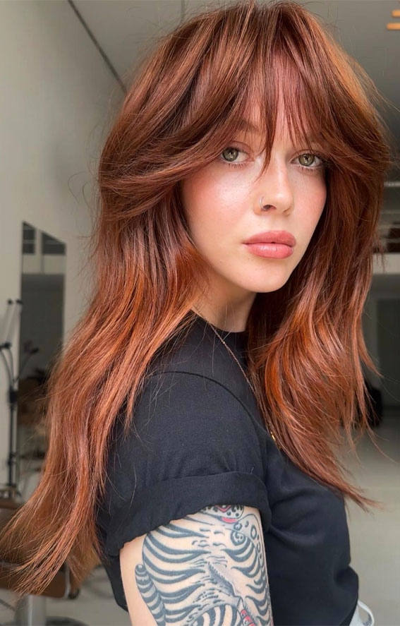 Vibrant Burnt Copper Waves With Soft Bangs Vibrant Burnt Copper Waves With Soft Bangs β Winter Hairstyles with Bangs