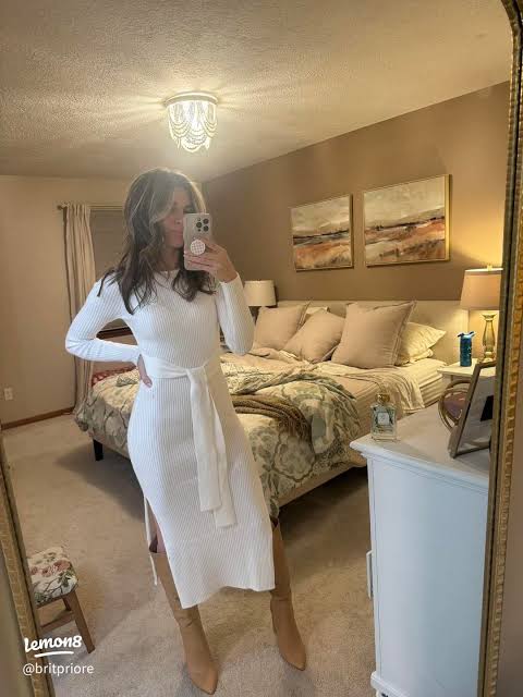 White Ribbed Knit Midi Dress with Tie Waist and Tan Boots White Ribbed Knit Midi Dress with Tie Waist and Tan Boots β Winter Date Night Outfits