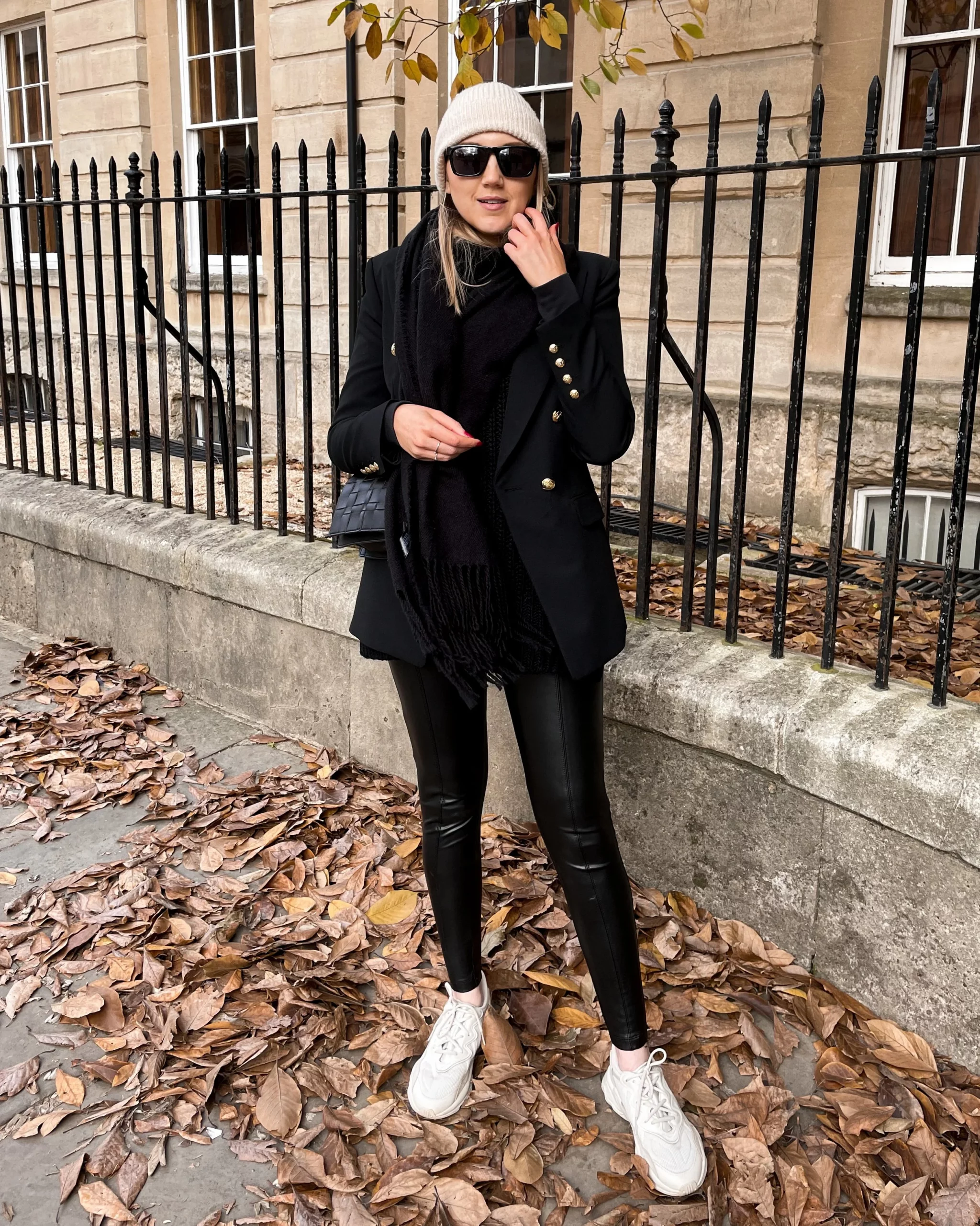 Sleek Black Blazer with Casual White Sneakers — Winter Layering Outfits