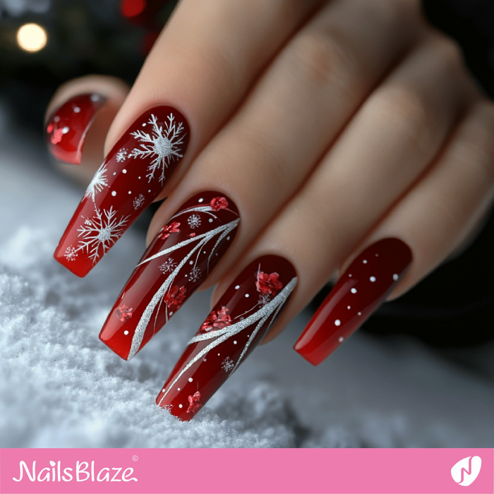 Deep Red Gradient Snowflake Floral Coffin Nails Deep Red Gradient Snowflake Floral Coffin Nails β Long Winter Coffin Nails