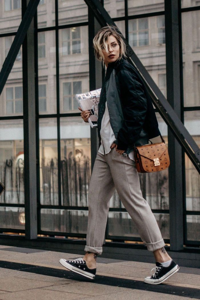 Casual Bomber Jacket and Twill Trousers — Winter School Outfits