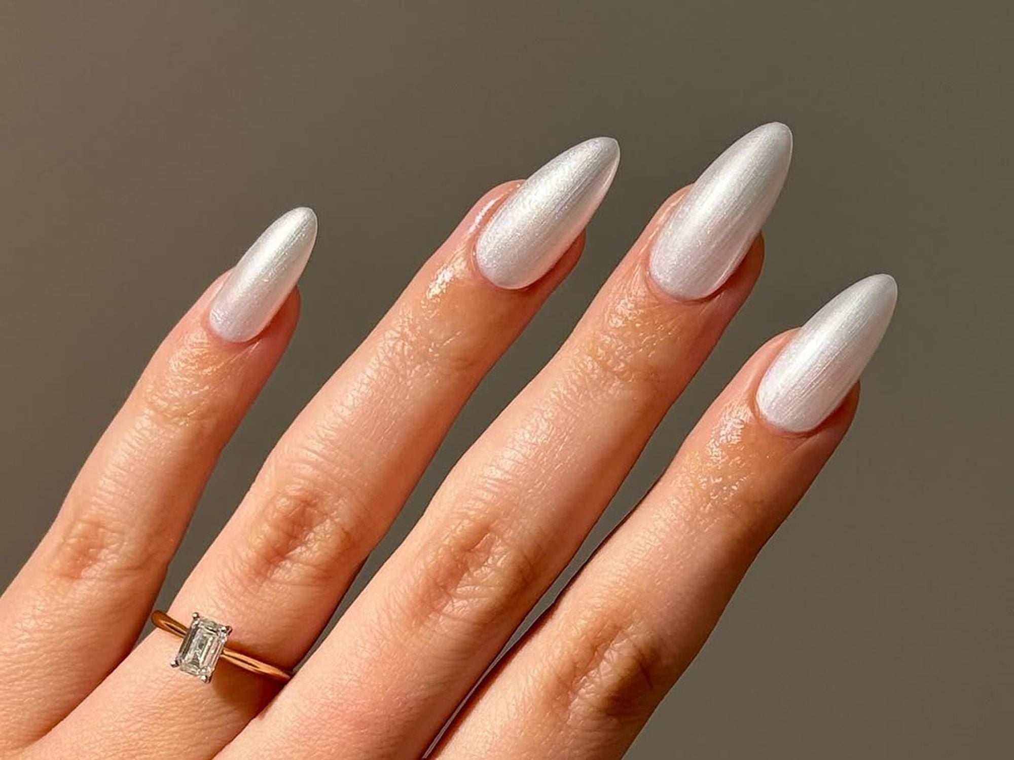 Shimmering Pearl White Almonds — Winter White Nails