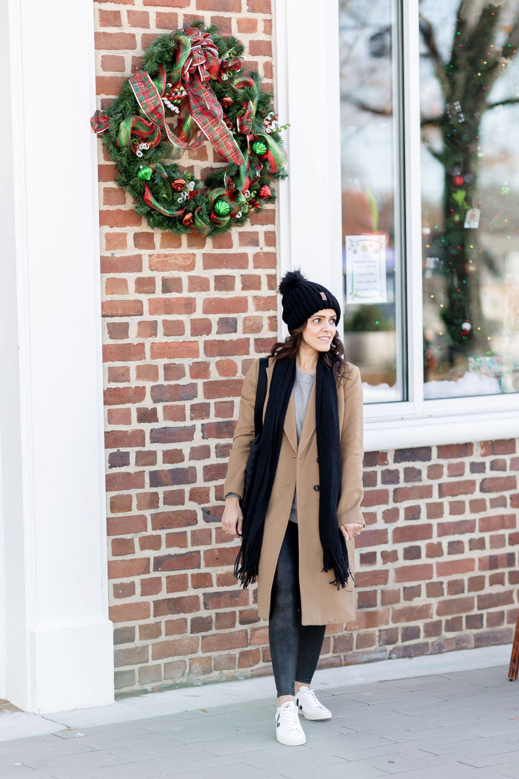 Camel Wool Coat With Grey Tee, Leggings, and Pom-Pom Beanie — Camel Coat Outfits