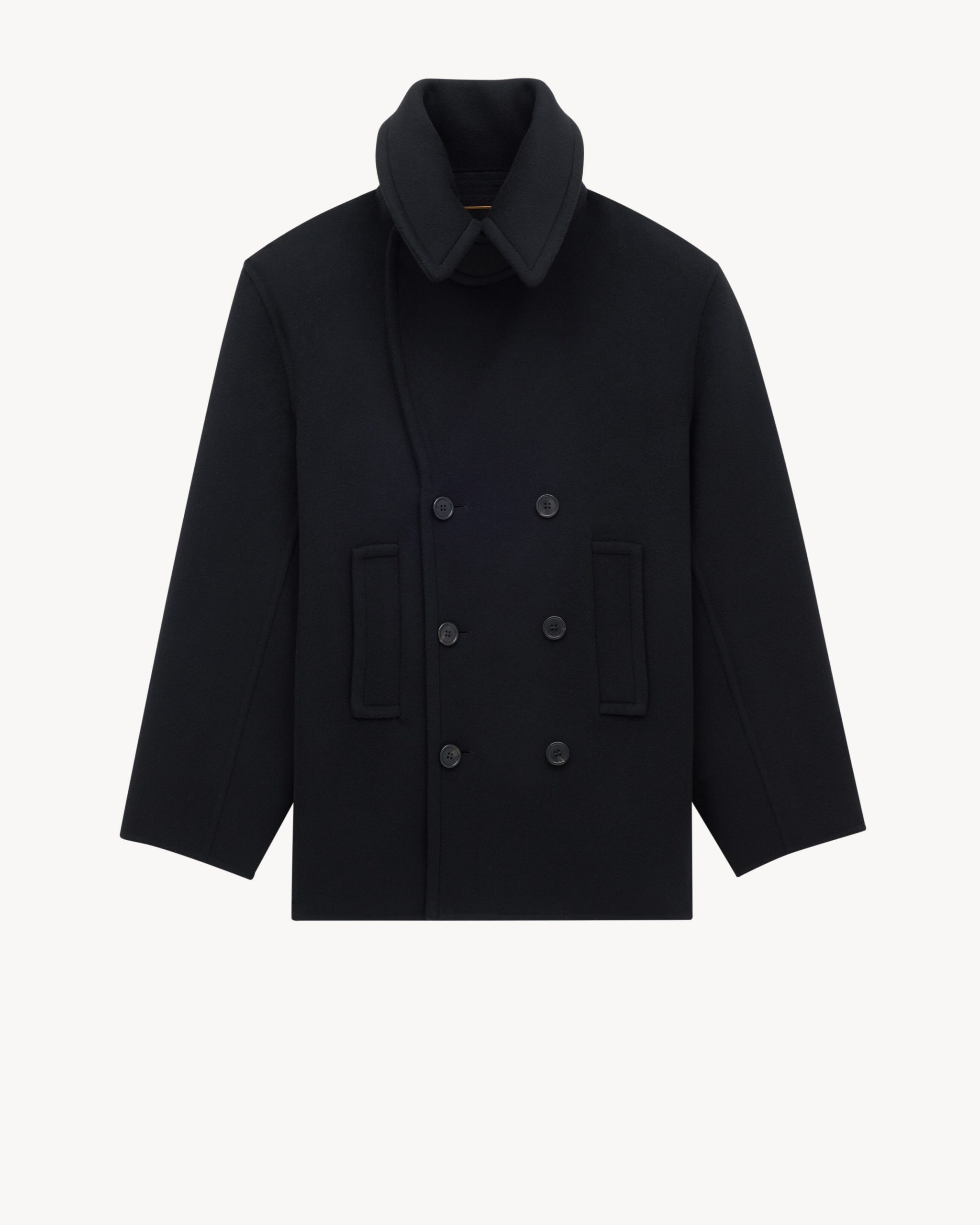Detail of Black Wool Peacoat with Double-Breasted Closure Detail of Black Wool Peacoat with Double-Breasted Closure β Peacoat Outfits