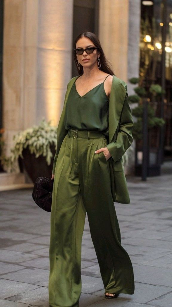 Monochromatic Green Satin Suit with Heeled Sandals Monochromatic Green Satin Suit with Heeled Sandals β Winter to Spring Transition Outfits