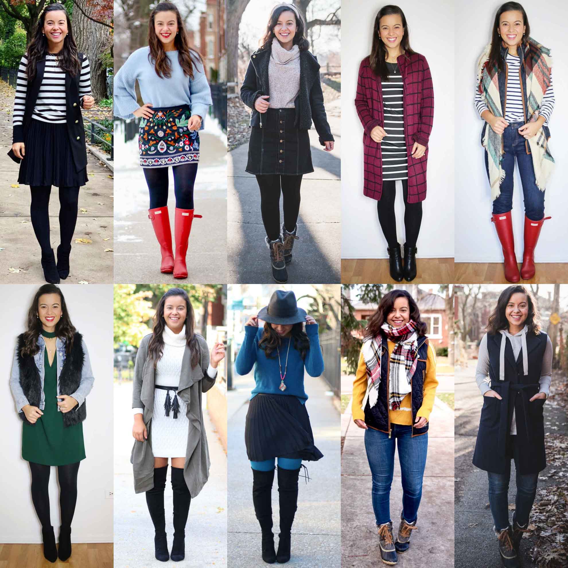 Striped Shirt Layered Under a Black Vest and Pleated Skirt — Cute Winter Outfits